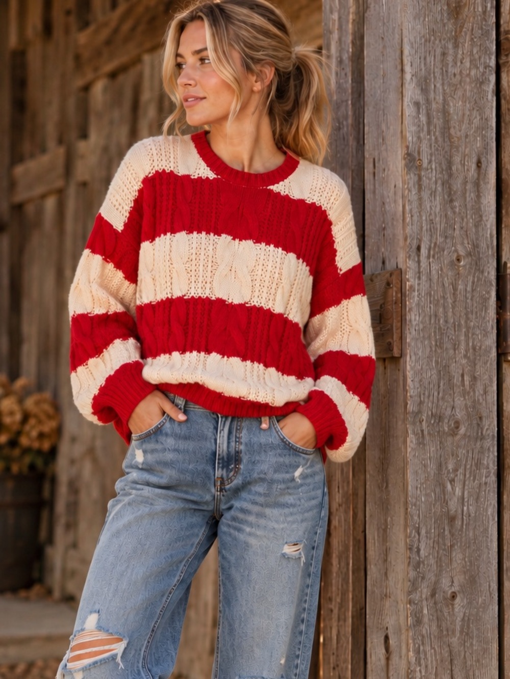 NWT - Cider Cable Knit Striped Pullover in Red & Cream - Oversized
